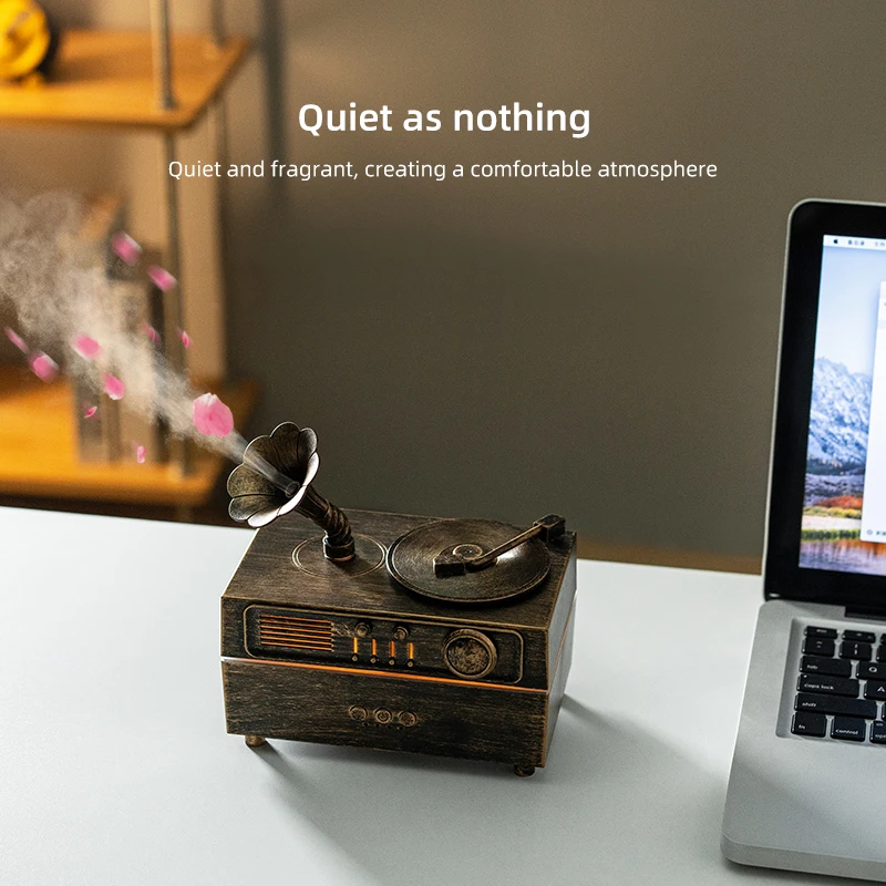 Gramafon Bluetooth Hoparlör Uçucu Yağlar Difüzör Retro Dönen Fonograf Tasarım Ultrasonik Serin Hava Nemlendiricisi